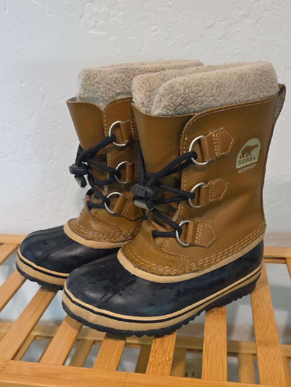 Sorel Kids Waterproof Lace-Up Winter Boots in Brown, Black and Cream